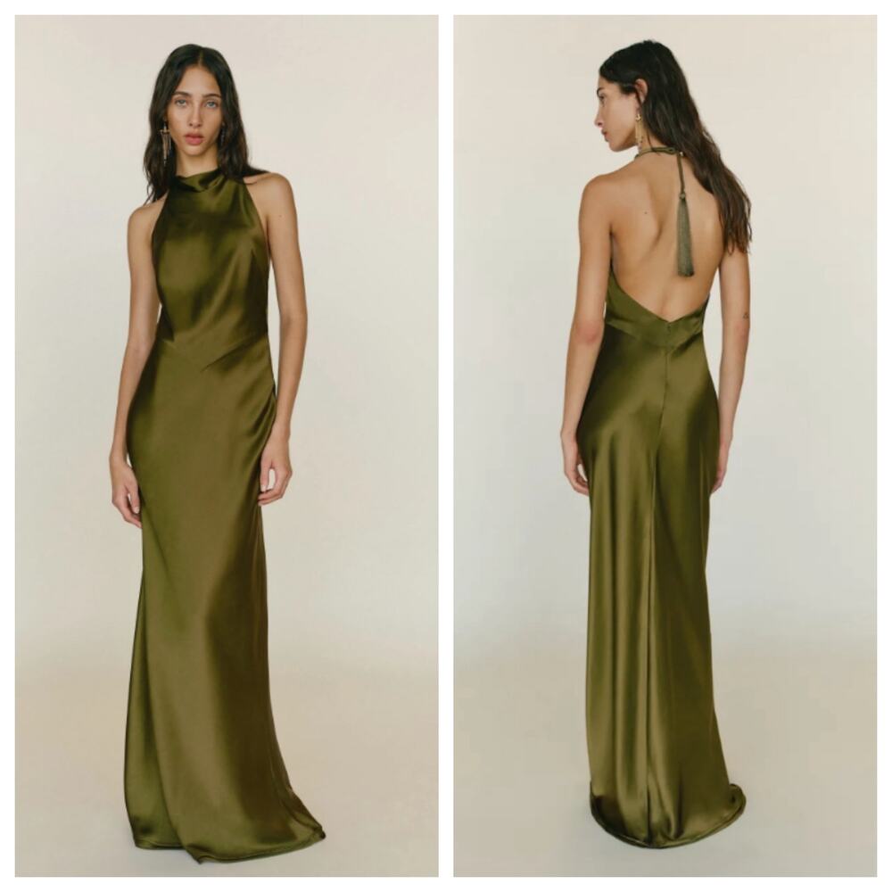 Reformation Bianca Moss Garden Green Silk Open Back Dress 6 NWT